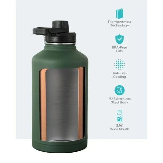 Buzio Trio Series Water Bottle with 3 Lids and Sleev 1.9L - Dark Green